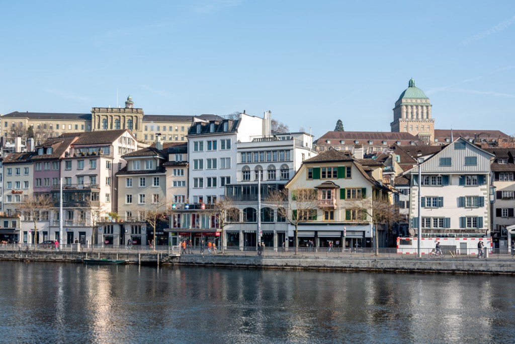 Historical buildings along the riverside in Zurich, Switzerland
